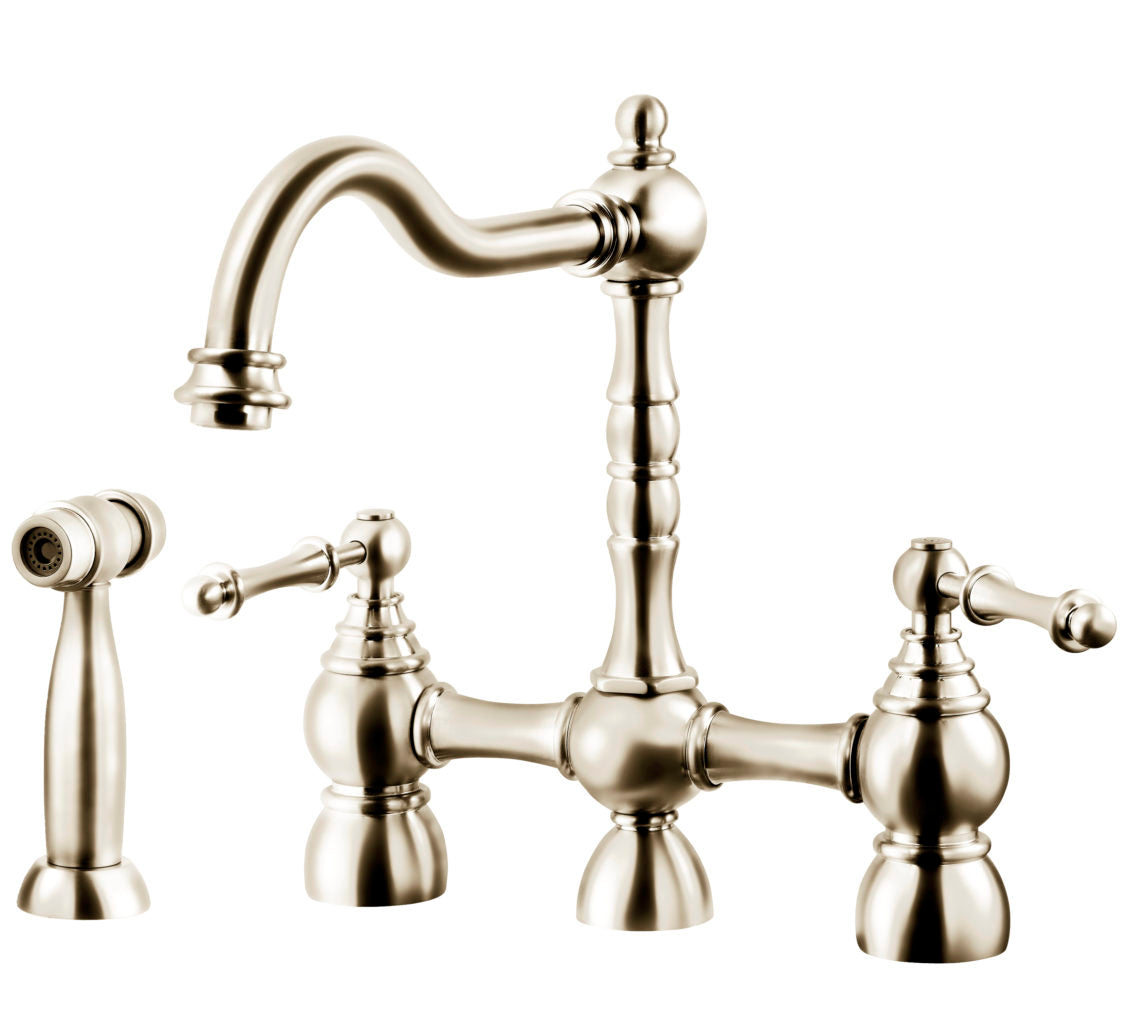 Houzer Kitchen Faucet – Nottingham Two Handle Traditional Brass Bridge Faucet with Side Spray in Polished Nickel