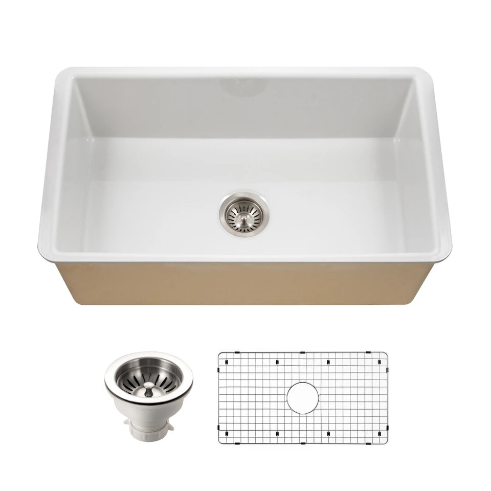 Houzer Platus 32 inch White Fireclay Undermount Single Bowl Kitchen Sink - PTU-3600 with Basket Strainer and Basin Grid Included