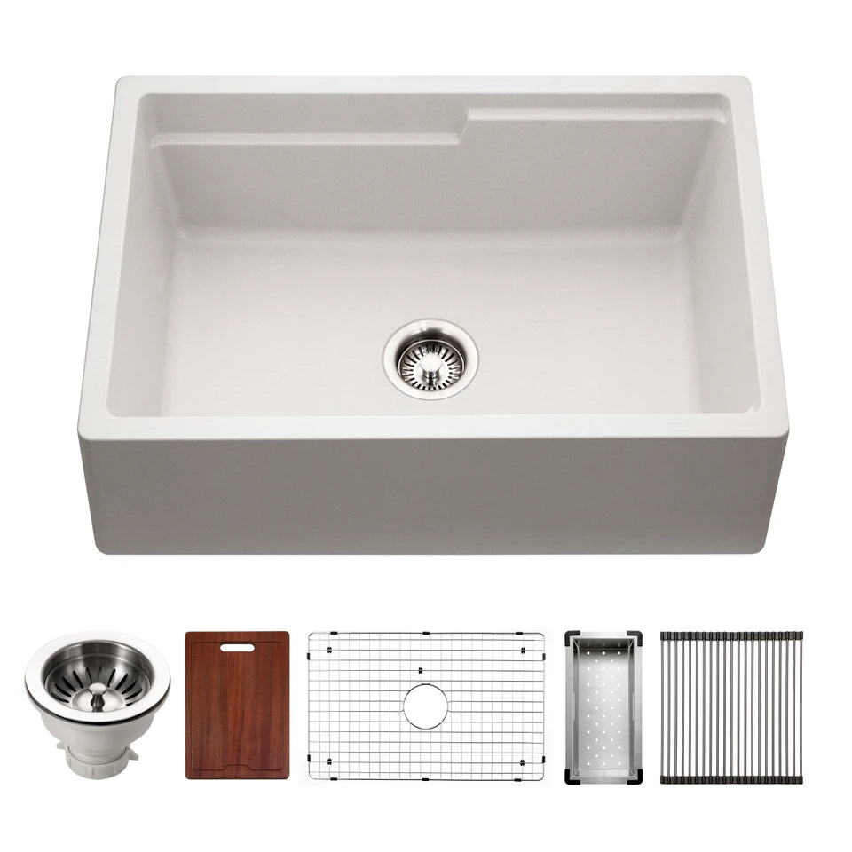 Houzer Quartztone 30 inch Apron Front Farmhouse Granite Workstation Kitchen Sink with Accessories- W-130