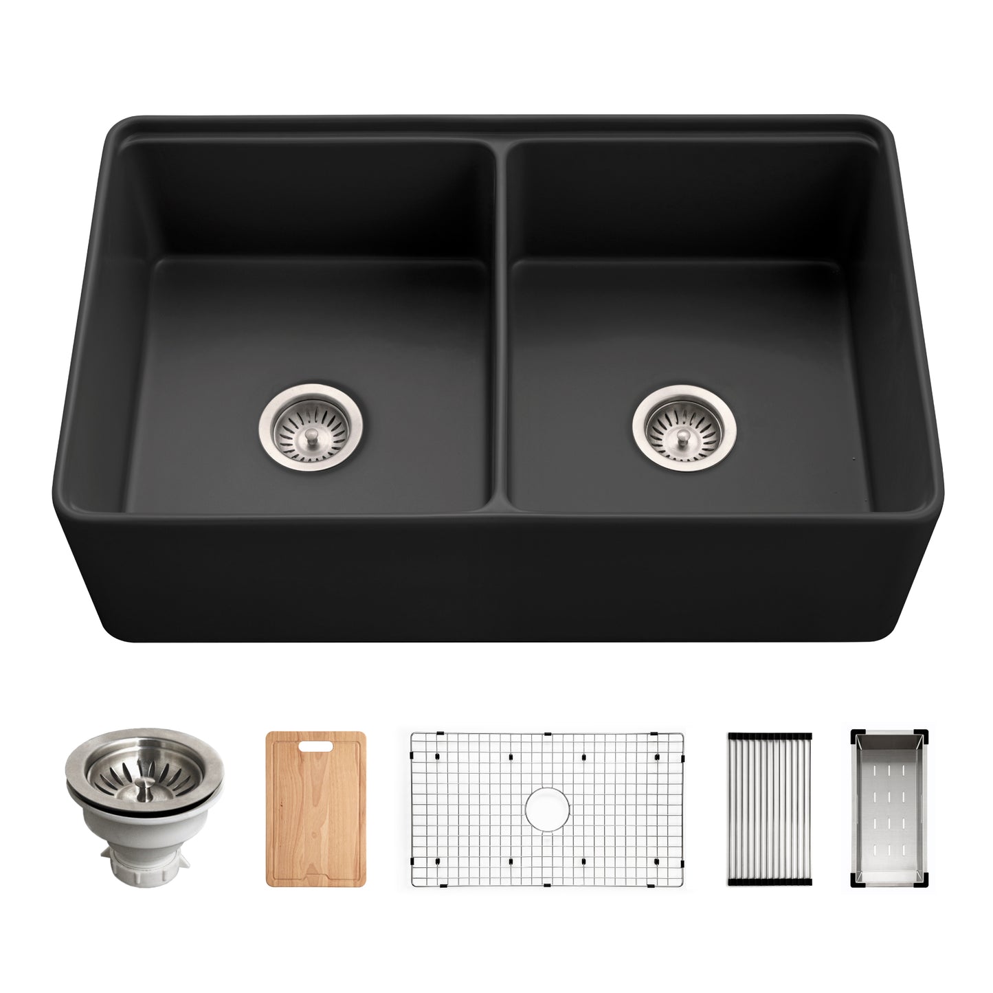 Houzer Aspire 33 inch Fireclay Farmhouse Apron Front Kitchen Sink 50/50 Double Bowl Workstation Sink with Accessories - PTW-3320SD