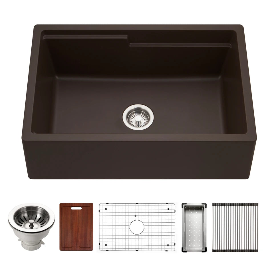 Houzer Quartztone 30 inch Apron Front Farmhouse Granite Workstation Kitchen Sink with Accessories- W-130