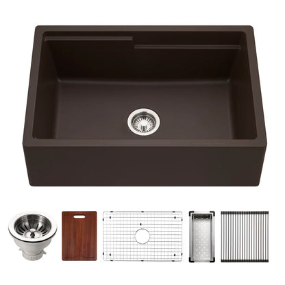 Houzer Quartztone 30 inch Apron Front Farmhouse Granite Workstation Kitchen Sink with Accessories- W-130