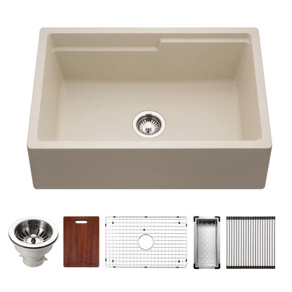 Houzer Quartztone 30 inch Apron Front Farmhouse Granite Workstation Kitchen Sink with Accessories- W-130