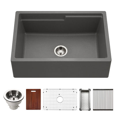 Houzer Quartztone 30 inch Apron Front Farmhouse Granite Workstation Kitchen Sink with Accessories- W-130