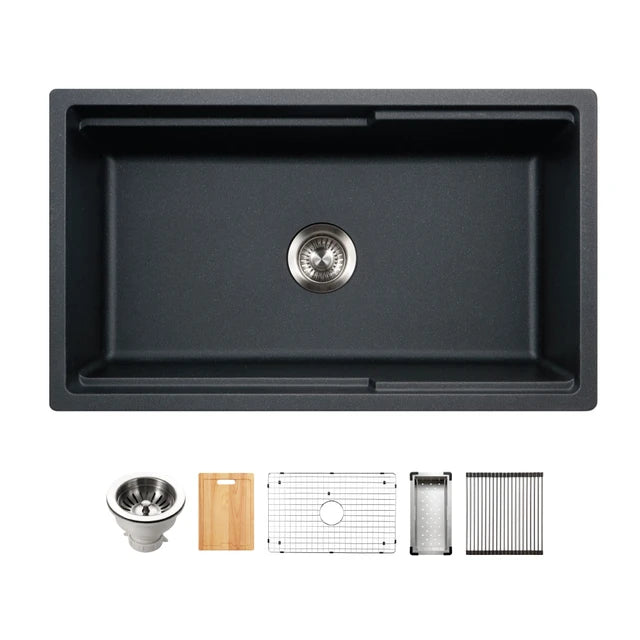 Houzer Quartztone 33" Apron Front Farmhouse Granite Composite Workstation Kitchen Sink with Accessories - W-133