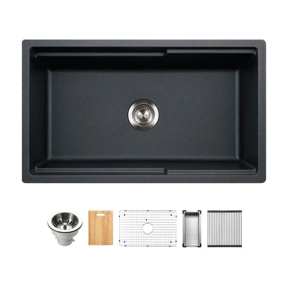 Houzer Quartztone 33" Apron Front Farmhouse Granite Composite Workstation Kitchen Sink with Accessories - W-133