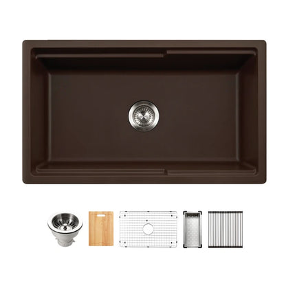 Houzer Quartztone 33" Apron Front Farmhouse Granite Composite Workstation Kitchen Sink with Accessories - W-133