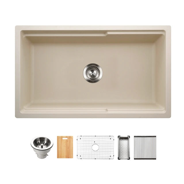 Houzer Quartztone 33" Apron Front Farmhouse Granite Composite Workstation Kitchen Sink with Accessories - W-133
