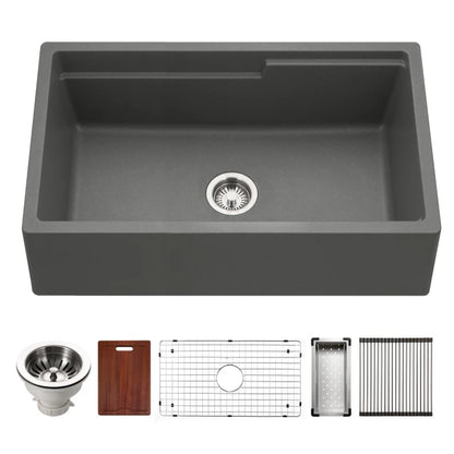 Houzer Quartztone 33" Apron Front Farmhouse Granite Composite Workstation Kitchen Sink with Accessories - W-133