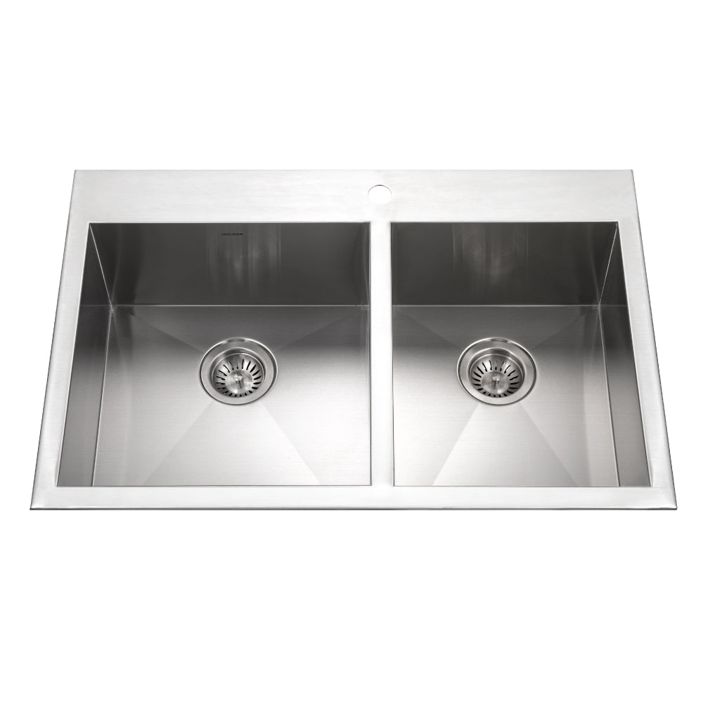 Houzer Bellus 33 inch Stainless Steel Drop-in Topmount 1-hole 60/40 Double Bowl Kitchen Sink with Strainer & Grids - BCD-3322