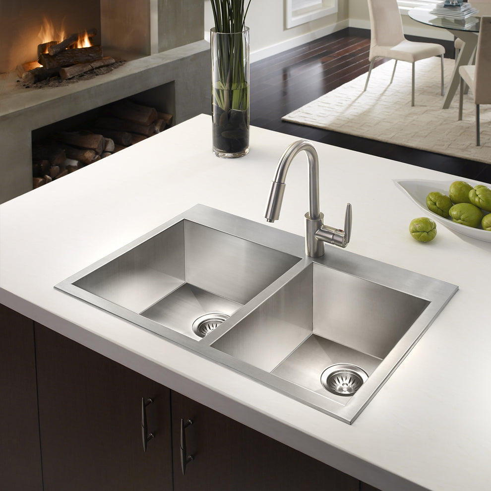 Houzer Bellus 33 inch Stainless Steel Drop-in Topmount 1-hole 60/40 Double Bowl Kitchen Sink with Strainer & Grids - BCD-3322