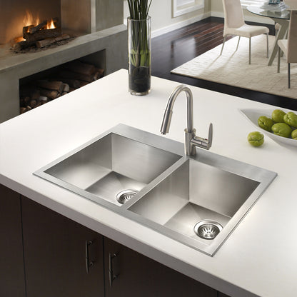 Houzer Bellus 33 inch Stainless Steel Drop-in Topmount 1-hole 60/40 Double Bowl Kitchen Sink with Strainer & Grids - BCD-3322