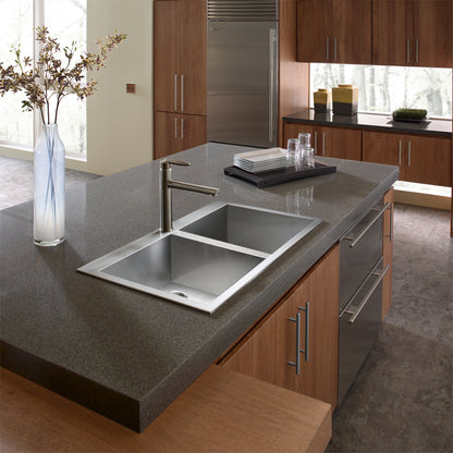 Houzer Bellus 33 inch Stainless Steel Drop-in Topmount 1-hole 60/40 Double Bowl Kitchen Sink with Strainer & Grids - BCD-3322