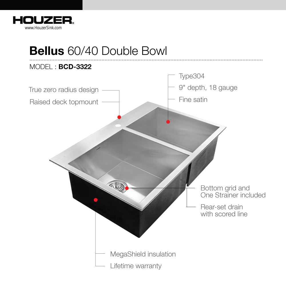 Houzer Bellus 33 inch Stainless Steel Drop-in Topmount 1-hole 60/40 Double Bowl Kitchen Sink with Strainer & Grids - BCD-3322