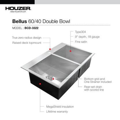 Houzer Bellus 33 inch Stainless Steel Drop-in Topmount 1-hole 60/40 Double Bowl Kitchen Sink with Strainer & Grids - BCD-3322