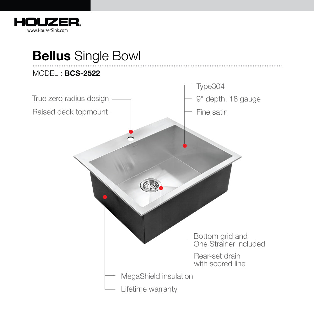 Houzer Bellus 25 inch Stainless Steel Drop-in Topmount 1-hole Single Bowl Kitchen Sink with Strainer & Grid - BCS-2522
