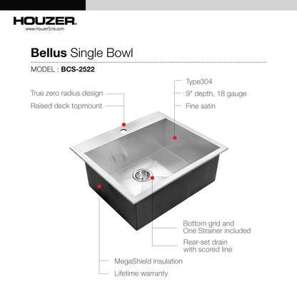Houzer Bellus 25 inch Stainless Steel Drop-in Topmount 1-hole Single Bowl Kitchen Sink with Strainer & Grid - BCS-2522