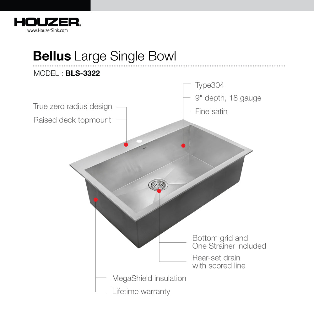 Houzer Bellus 33 inch Stainless Steel Drop-in Topmount 1-hole Single Bowl Kitchen Sink with Strainer & Grid - BLS-3322