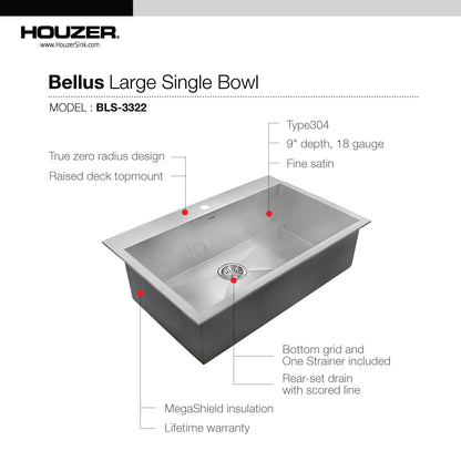 Houzer Bellus 33 inch Stainless Steel Drop-in Topmount 1-hole Single Bowl Kitchen Sink with Strainer & Grid - BLS-3322