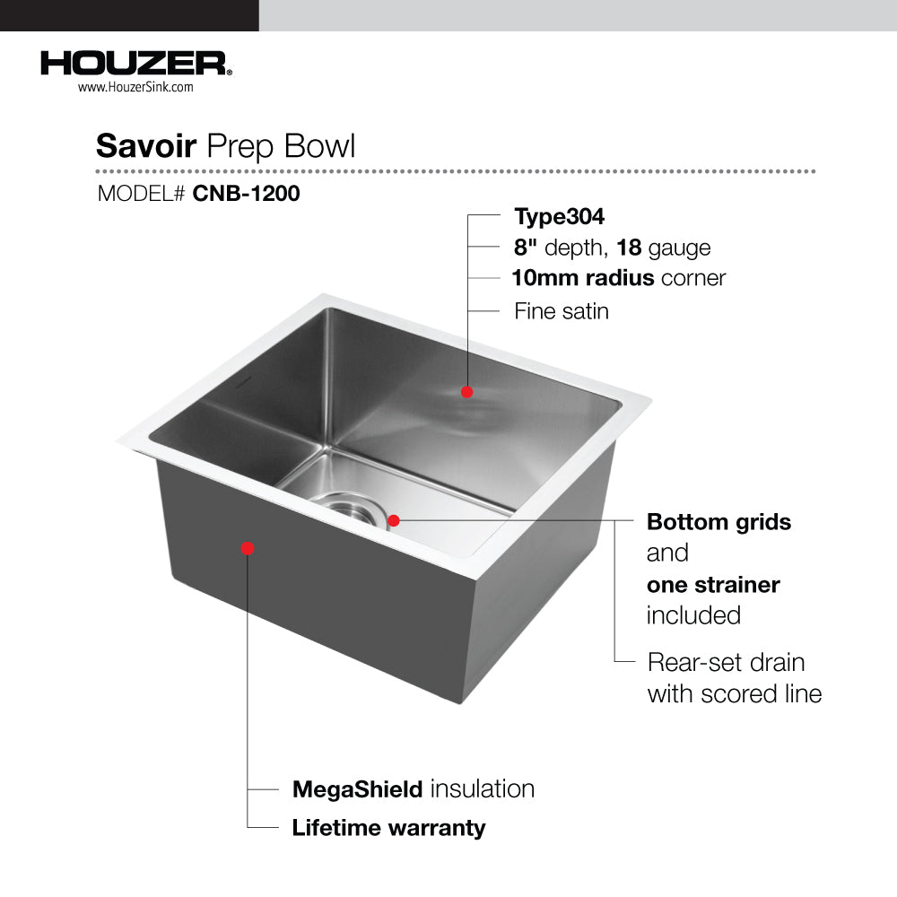 Houzer Savior 12 inch Stainless Steel Undermount Kitchen Bar Sink with Strainer & Grid - CNB-1200