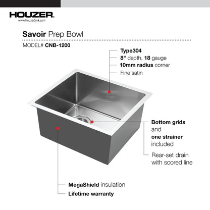 Houzer Savior 12 inch Stainless Steel Undermount Kitchen Bar Sink with Strainer & Grid - CNB-1200