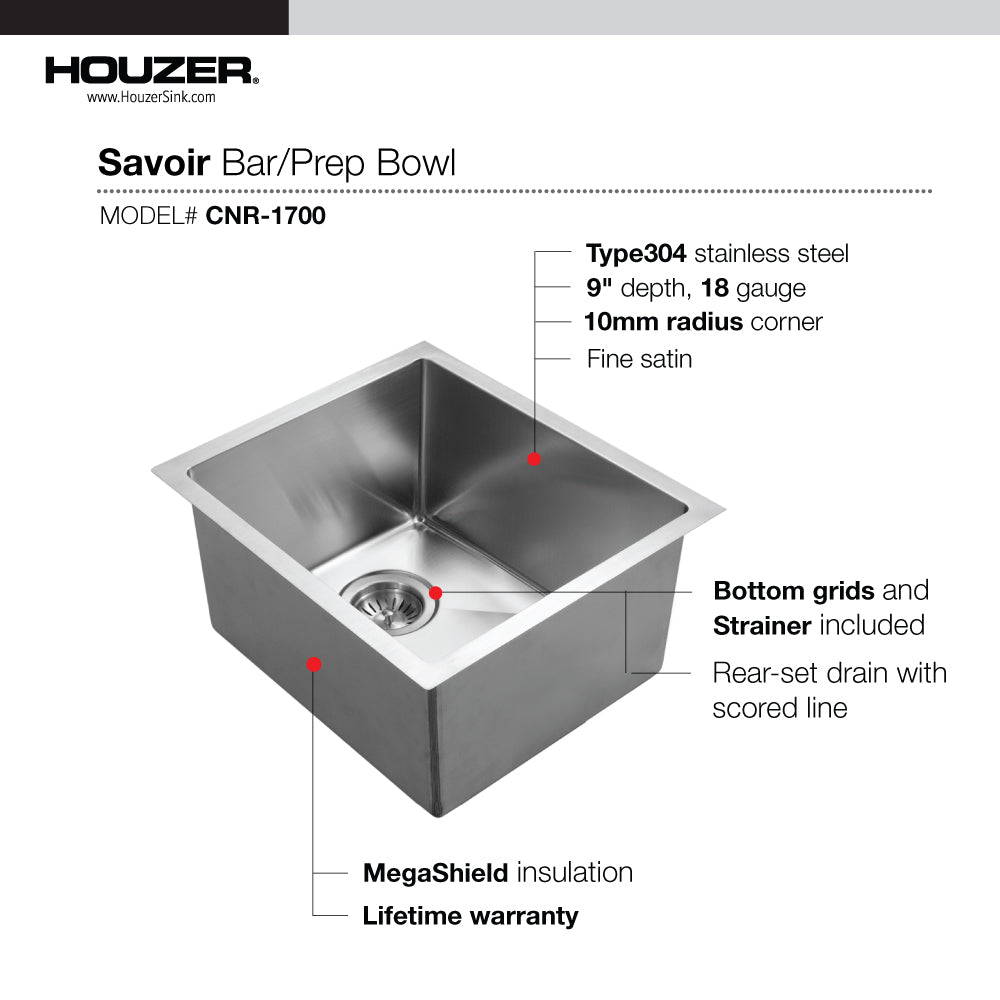 Houzer Savior 17 inch Stainless Steel Undermount Medium Bowl Kitchen Bar Sink with Strainer & Grid - CNR-1700