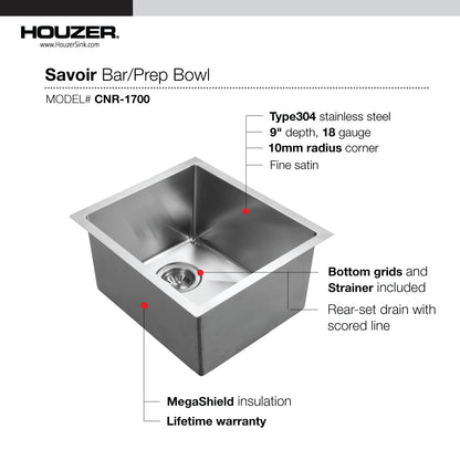 Houzer Savior 17 inch Stainless Steel Undermount Medium Bowl Kitchen Bar Sink with Strainer & Grid - CNR-1700