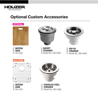 Houzer Savior 17 inch Stainless Steel Undermount Medium Bowl Kitchen Bar Sink with Strainer & Grid - CNR-1700