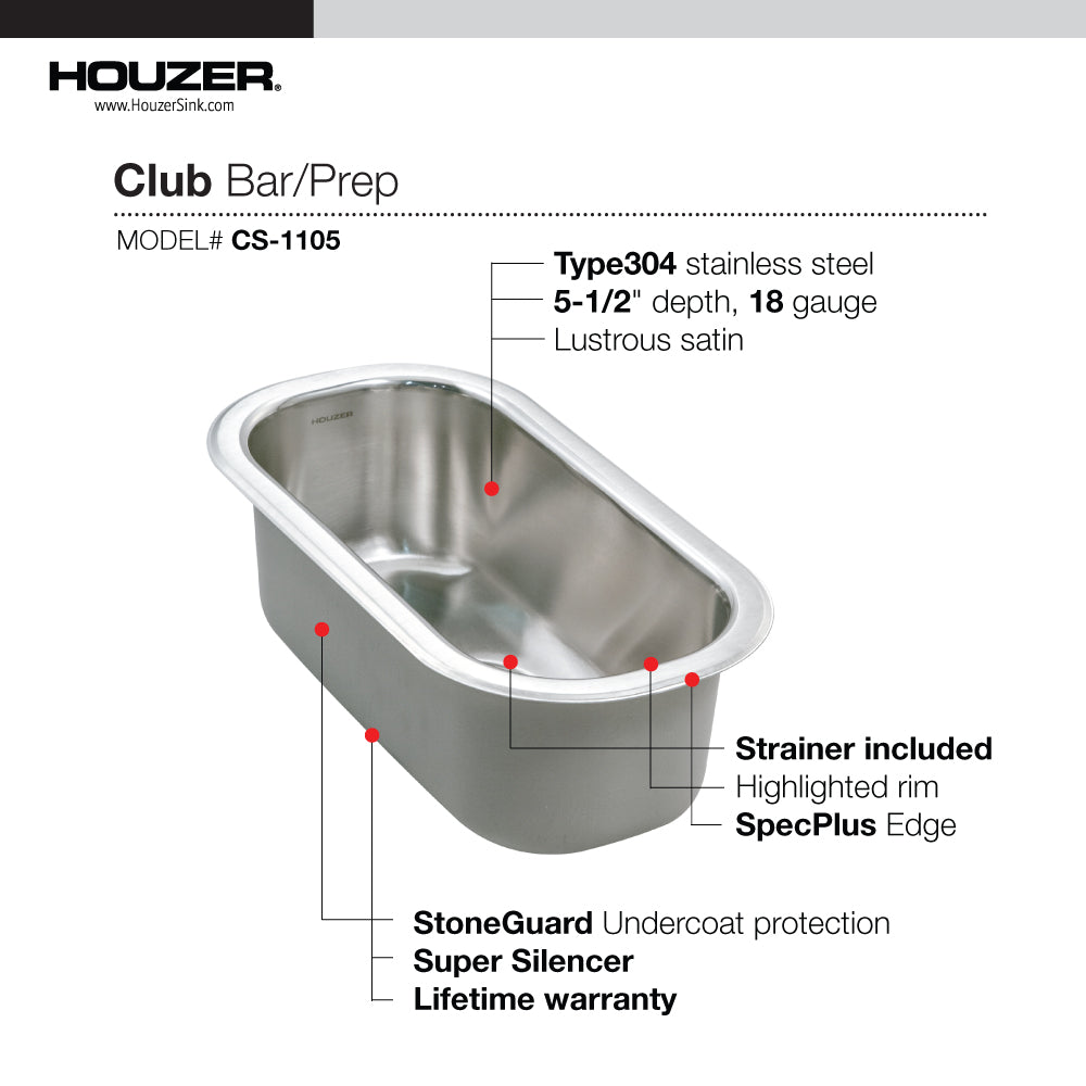 Houzer Club 10 inch Stainless Steel Undermount Compact Single Bowl Bar Sink with Strainer - CS-1105-1