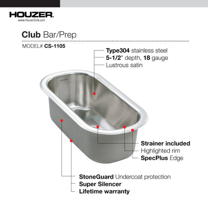 Houzer Club 10 inch Stainless Steel Undermount Compact Single Bowl Bar Sink with Strainer - CS-1105-1