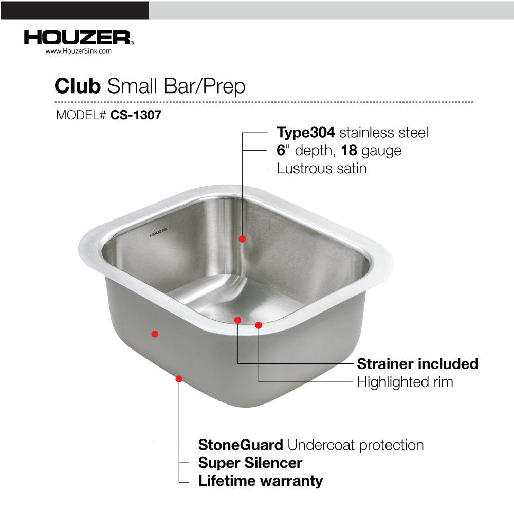 Houzer Club 13 inch Stainless Steel Undermount Small Bar and Prep Sink with Strainer & Bottom Grid - CS-1307-C