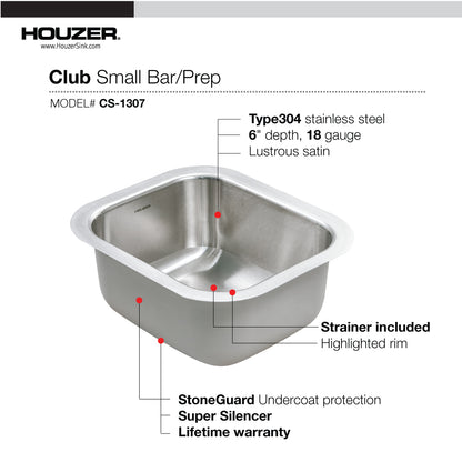 Houzer Club 13 inch Stainless Steel Undermount Small Bar and Prep Sink with Strainer & Bottom Grid - CS-1307-C