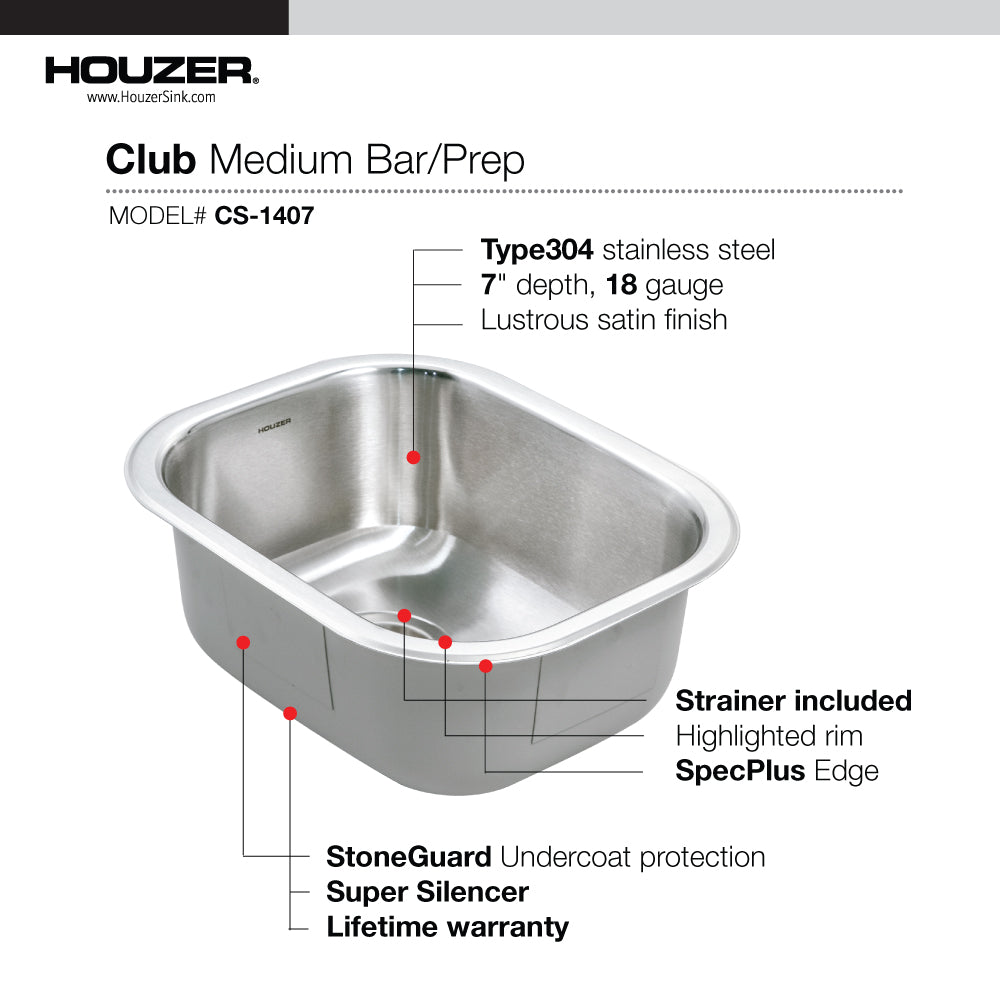 Houzer Club 14 inch Stainless Steel Undermount Medium Bar and Prep Sink with Strainer & Bottom Grid - CS-1407-C
