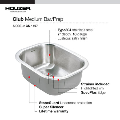 Houzer Club 14 inch Stainless Steel Undermount Medium Bar and Prep Sink with Strainer & Bottom Grid - CS-1407-C