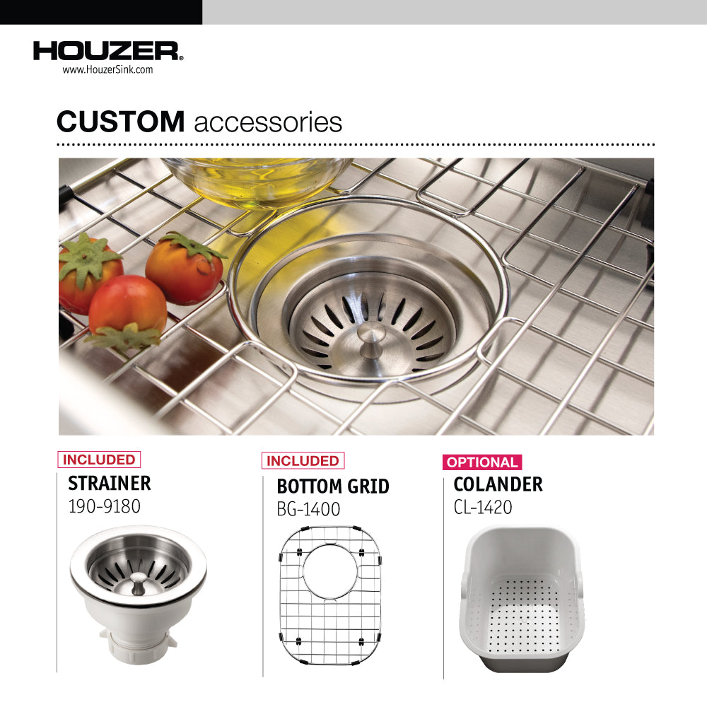 Houzer Club 14 inch Stainless Steel Undermount Medium Bar and Prep Sink with Strainer & Bottom Grid - CS-1407-C