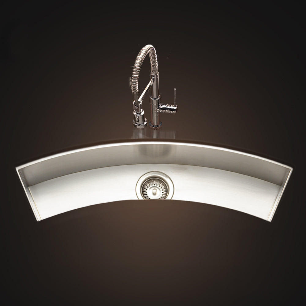 Houzer Contempo Trough 33 inch Stainless Steel Undermount Single Curved Bowl Bar Sink with Strainer & Grid - CTC-3312
