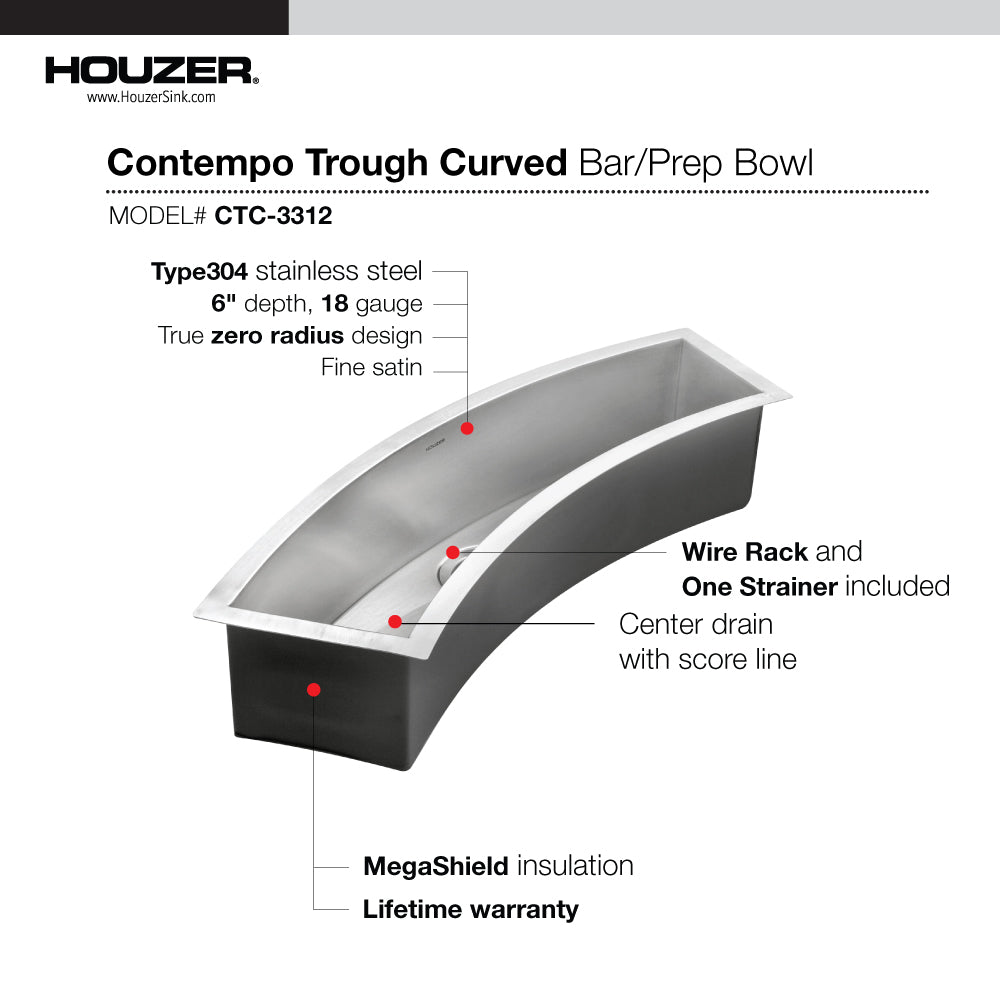Houzer Contempo Trough 33 inch Stainless Steel Undermount Single Curved Bowl Bar Sink with Strainer & Grid - CTC-3312