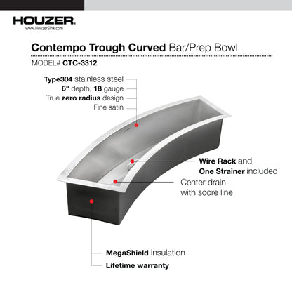 Houzer Contempo Trough 33 inch Stainless Steel Undermount Single Curved Bowl Bar Sink with Strainer & Grid - CTC-3312
