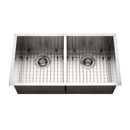 Houzer Contempo 33 inch Stainless Steel Undermount 50/50 Double Bowl Kitchen Sink with Strainers & Grids - CTD-3350
