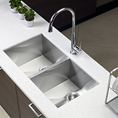 Houzer Contempo 33 inch Stainless Steel Undermount 50/50 Double Bowl Kitchen Sink with Strainers & Grids - CTD-3350