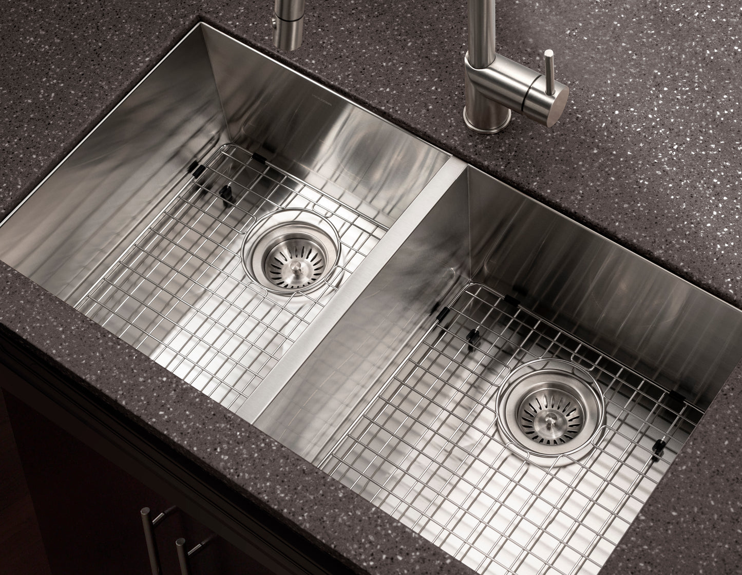Houzer Contempo 33 inch Stainless Steel Undermount 50/50 Double Bowl Kitchen Sink with Strainers & Grids - CTD-3350