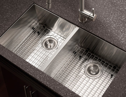 Houzer Contempo 33 inch Stainless Steel Undermount 50/50 Double Bowl Kitchen Sink with Strainers & Grids - CTD-3350
