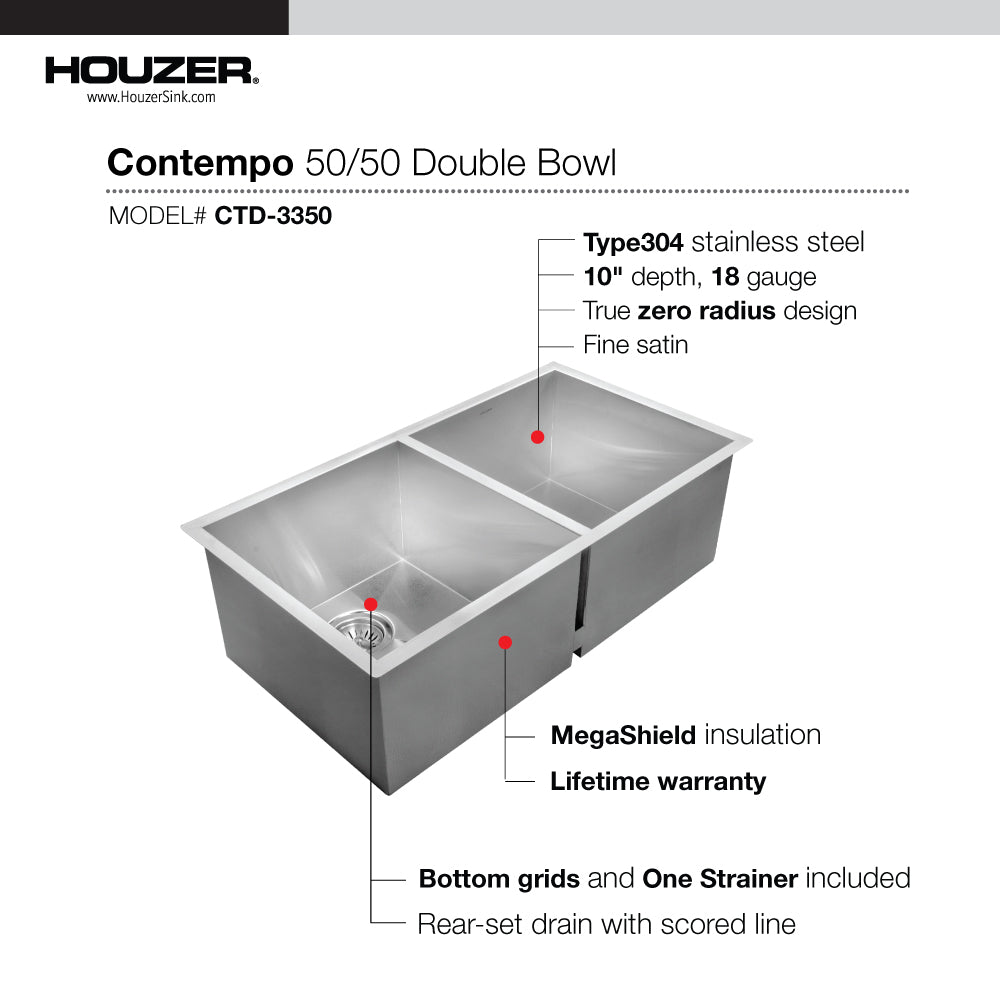 Houzer Contempo 33 inch Stainless Steel Undermount 50/50 Double Bowl Kitchen Sink with Strainers & Grids - CTD-3350