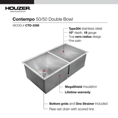 Houzer Contempo 33 inch Stainless Steel Undermount 50/50 Double Bowl Kitchen Sink with Strainers & Grids - CTD-3350