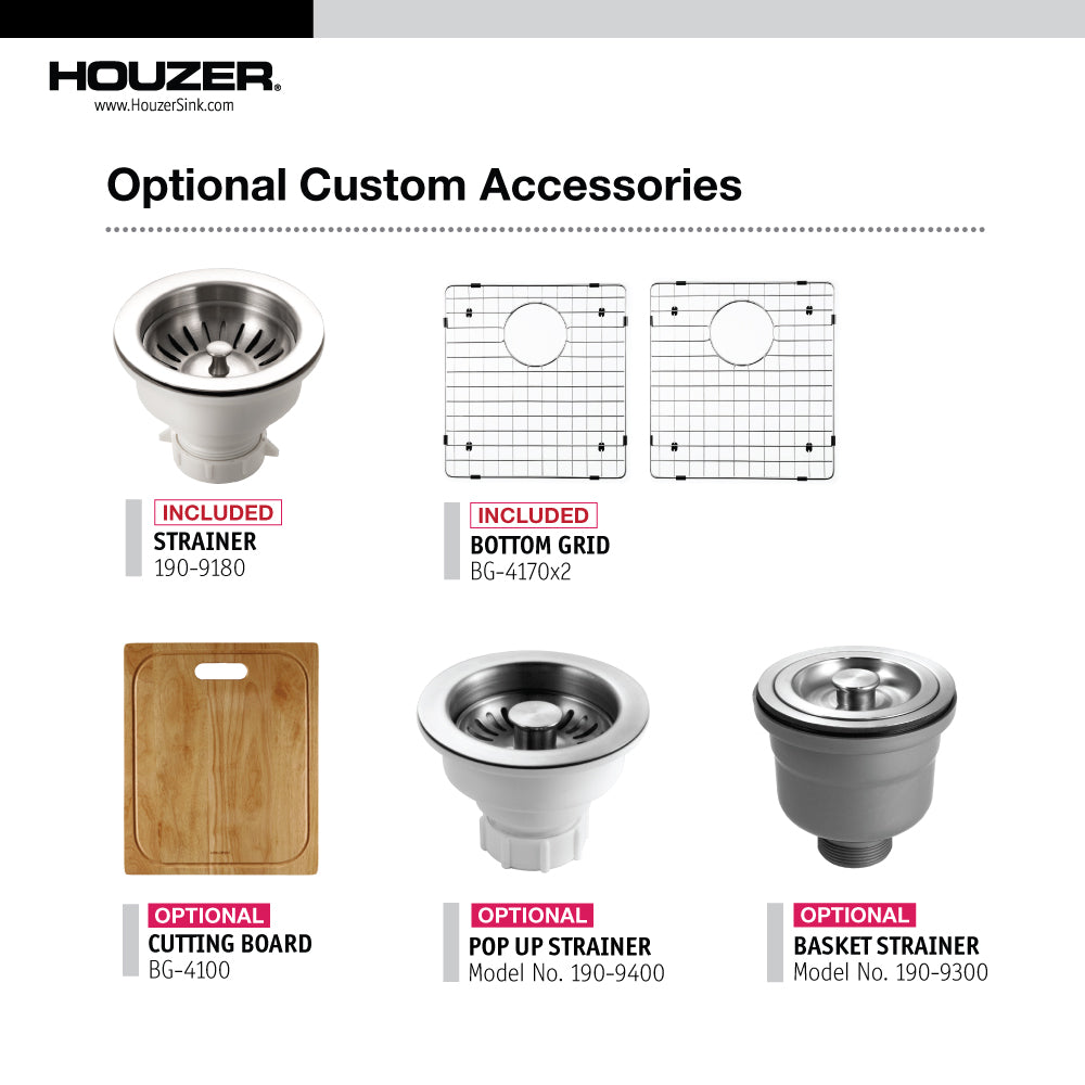Houzer Contempo 33 inch Stainless Steel Undermount 50/50 Double Bowl Kitchen Sink with Strainers & Grids - CTD-3350