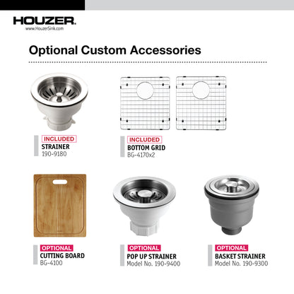 Houzer Contempo 33 inch Stainless Steel Undermount 50/50 Double Bowl Kitchen Sink with Strainers & Grids - CTD-3350