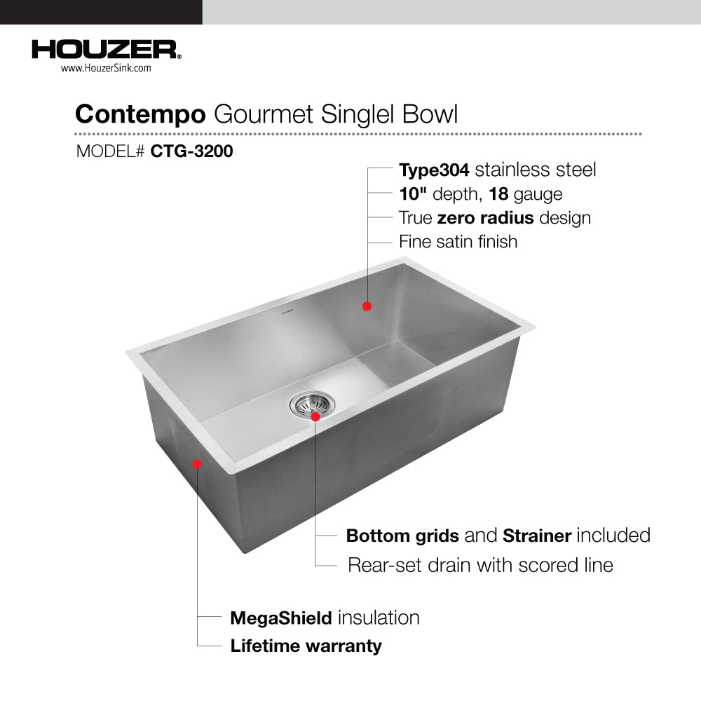 Houzer Contempo  32 inch Stainless Steel Undermount Single Bowl Kitchen Sink with Strainer & Grid - CTG-3200