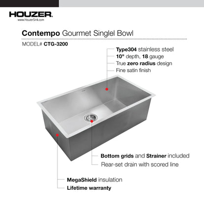 Houzer Contempo  32 inch Stainless Steel Undermount Single Bowl Kitchen Sink with Strainer & Grid - CTG-3200