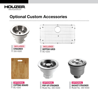 Houzer Contempo  32 inch Stainless Steel Undermount Single Bowl Kitchen Sink with Strainer & Grid - CTG-3200