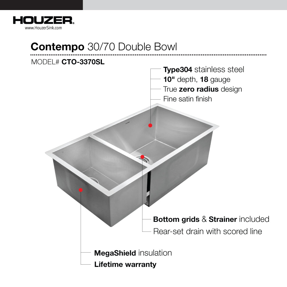 Houzer Contempo 33 inch Stainless Steel Undermount 70/30 Double Left Prep Bowl Kitchen Sink with Strainers & Grids - CTO-3370SL
